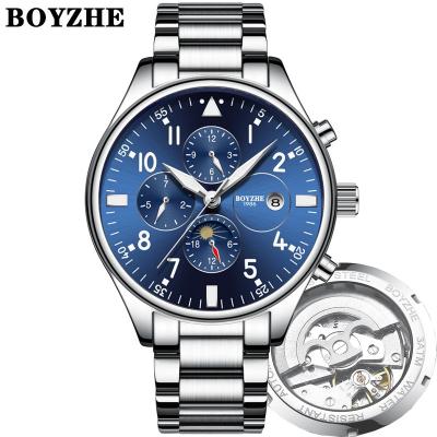 China Fashion brand BOYZHE date BOYZHE automatic mechanical movement moon phase skeleton watch for sale