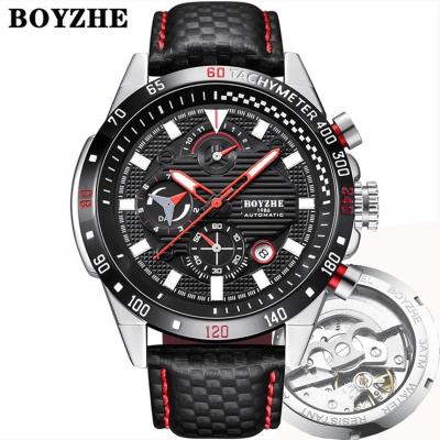 China BOYZHE Automatic Date Brand Automatic Skeleton Stylish Custom Genuine Leather Mechanical Watches For Man for sale