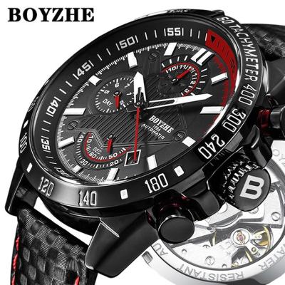 China Tourbillon Automatic Genuine Leather Men's Wrist Watch Date BOYZHE Stainless Steel Water Resistant Back Watch for sale