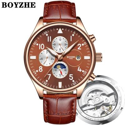 China Auto Date Customized Multifunctional Automatic Movement Personalized Genuine Leather Wristwatch For Men for sale