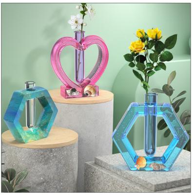 China Viable Hexagon Heart Flower Pot Epoxy Resin Mold Rectangle Test Tube Vase Silicone Bracket Mold for sale