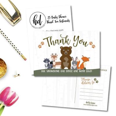 China Amazon Hot Sale Thank You Greeting Cards Woodland Baby Shower Thank You Note Card Bulk Set Postcard Custom Printing for sale