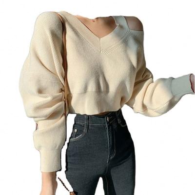 China 2021 Anti-wrinkle fashion hot sale solid color design V-neck pullover sweater women and girls hot elegant knit sweater for sale