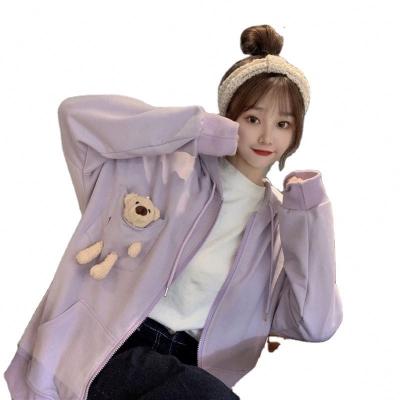 China newest Anti-wrinkle fashion lady and girl small bear decoration hoodies sweatshirt oversized fashion shears women zipper hoodies for sale