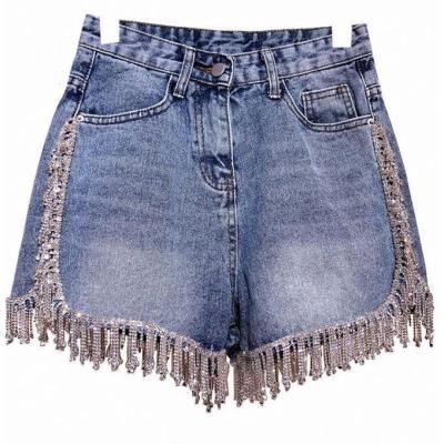 China 2021 Summer New Girl Women's Short Pants Breathable Rhinestone Fringed High Waist Denim Shorts Diamond Jeans Hot Pants for sale