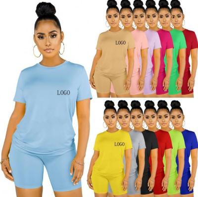 China Anti-wrinkle hot sale custom logo women clothing over waist solid short sleeves shorts set 2 piece women casual outfit for sale