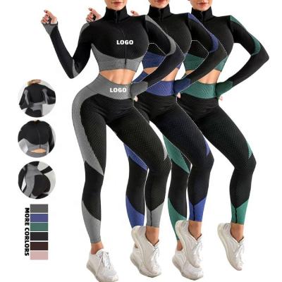 China Breathable Custom Logo Two Piece Zipper Women's Long Sleeve Push Up Top And Butt Crop Gym Sports Yoga Pants Sets Womens Tracksuit for sale