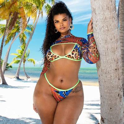 China 2021 New Breathable 4XL 5XL Women Plus Size Swimwear 3 Piece Swimsuit Leopard Print Long Sleeve Swimwear for sale