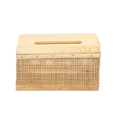 China Sustainable Rectangular Woven Wooden Tissue Box Rattan Basket Facial Tissue Box For Home Office for sale