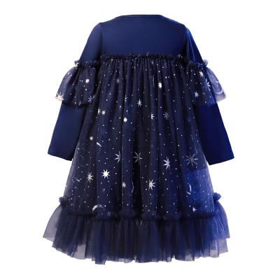 China Customized Stars Long Sleeve Applique Round Neck Long Sleeve Dress Knitted Gradient Top Mesh Skirt Girls Ballet Skirt Dress Dress for sale