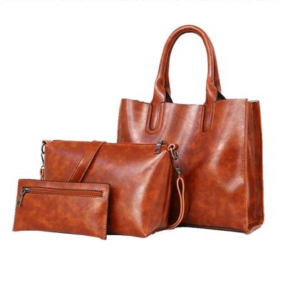 China Fashion New Arrival Vintage Leather Elegant 3pcs Wax Set Handbag Tote Bag Purse For Ladies Women for sale