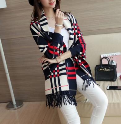 China Women Acrylic Winter Checked Shawl Scarf Plaid Blanket Poncho With Sleeves for sale