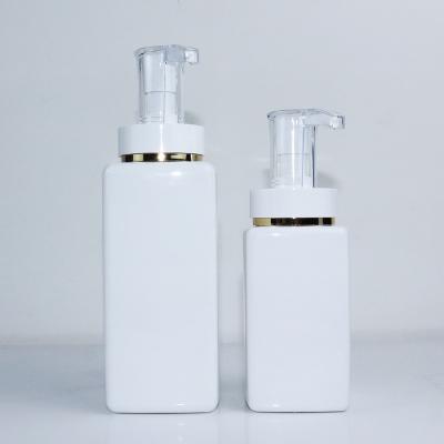 China 350ml 500ml empty body lotion packaging shower luxury square gel pump cosmetic container PET shampoo plastic white bottle for sale