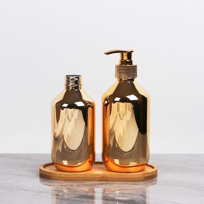 China 300/400/500ml Rose Gold Silver PET Cosmetic Gold Plating Shampoo Bottle Body Wash Lotion Toner Bottle Electroplating Plastic for sale