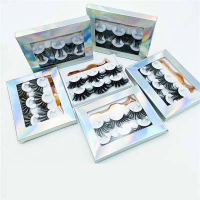 China Mink Lashes 5D Faux 5D Long Thick Natural False Eyelashes Pack 3Pair/Lashes 25mm Custom Logo Holographic Shiny Fluffy Eyelash Box for sale