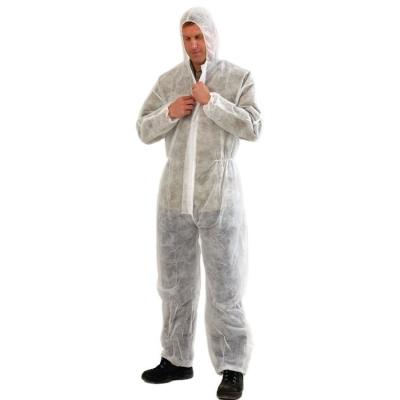 China Overall Single Layer PP Nonwoven Full Coverage Moderate Protection Front Zipper Cheap Disposable Coveralls with Hood for sale