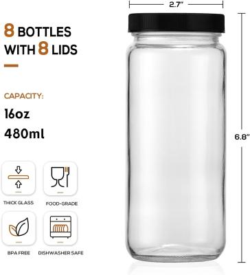 China Glass Juicing Bottles with 2 Straws & 2 Lids w Hole- 16 OZ Travel Drinking Jars, Water Cups with Black Airtight Lids for sale