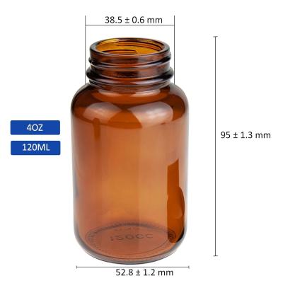 China Glass Wide Mouth Packer Bottle, 4oz Amber, For Sampling, Packaging, Storage, Preservation Or Transport for sale