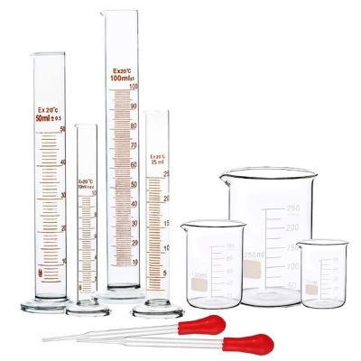 China Glass Graduated Cylinder Set 10ml 25ml 50ml 100ml, Thick Glass Beaker Set 50ml 100ml 250ml With 2 Droppers for sale