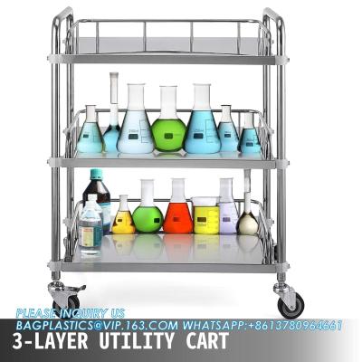 China Lab Rolling Cart 3 Shelves Shelf Stainless Steel Rolling Cart Catering Dental Utility Cart Commercial Wheel Dolly for sale