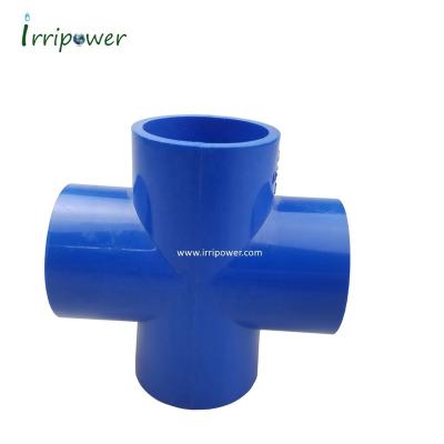 China Water Supply For Water Pipe 20 25 32 40 50 63 75 90 110mm Blue 4 Way Cross PVC Connector Fitting Water Supply Pipe for sale