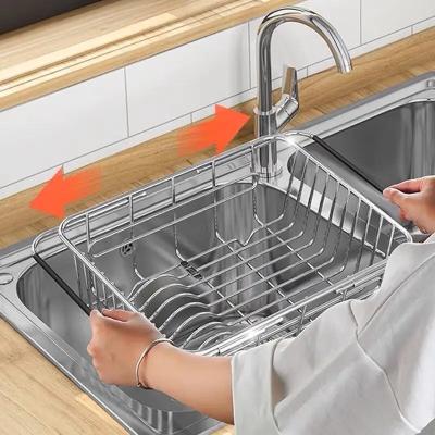 China OEM/ODM Kitchen Stainless Steel Dish and Fruit Drainer Rack Sink Organizer Custom Single Layer Expandable Kitchen Drainer Basket Viable for sale