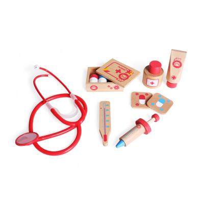 China Playing Hot Selling Children Simulated Medical Stethoscope Toy Pretend Wooden Doctor Toys Box Play Set Educated Toy for sale