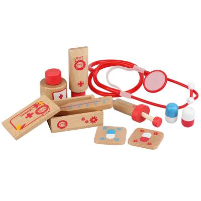 China Playing Toy Pretend Wooden Doctor Set Simulated Medical Box Stethoscope Toys Play Wooden Cute Medical Bags Educational Toys Set for sale