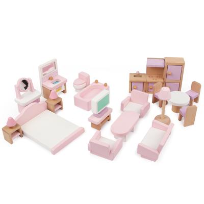 China Wooden Children 22 Small Wooden Furniture Toys Pretend Play Toy Girls Wooden Dollhouse Furniture Wooden Toys for sale