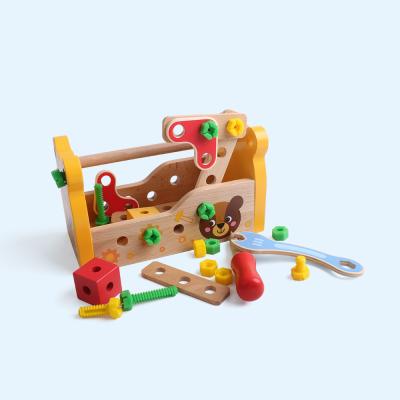 China DIY TOY Montessori Wooden Toy Popular DIY Yellow Portable Toolbox Wooden Educational Toy for sale