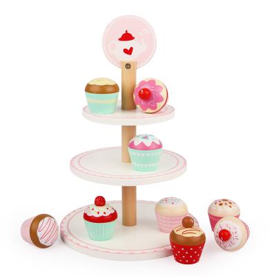 China New Arrival Wooden Role Play Kitchen Set Cake Tower Toy Wooden Cake Toy Wooden Three Tier Set for sale