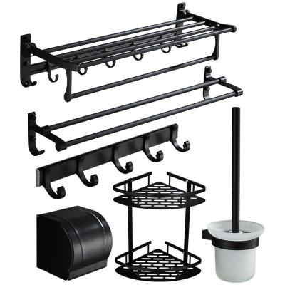 China Sustainable Self Adhesive Bathroom Accessories Set Black Towel Shelf Free Punching Bathroom Sets 6 Pcs for sale