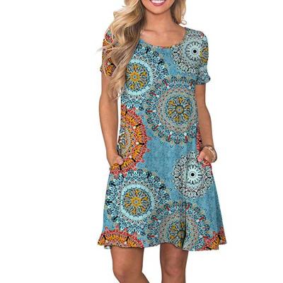 China Lady Round Neck Short Sleeve Plus Size Dress Summer Pattern Printing Pocket Decoration Floral Dress for sale