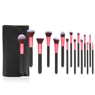 China Angular Blush Wood 15pcs Handle Black Synthetic Hair Beauty Cosmetics Makeup Set Makeup Brush Set With Bag for sale