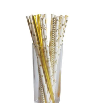 China Party Star Gold Stamping Bubble Tea Wholesale Biodegradable 6*197mm Disposable Drinking Paper Straw for sale