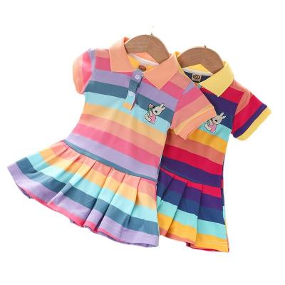 China Breathable New Style Colorful Rainbow Pleated Collar Summer Round Dress For Girls Kids for sale