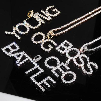 China Hiphop RQ Zircon Letters A-Z Name Pendant Necklace With 4mm Tennis Chain Men/Women Silver Gold Color Hip Hop Charm Jewelry for sale