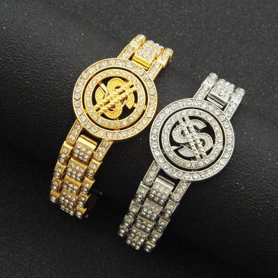 China Men's Jewelry Crystal Spin Dollar Charm Bracelet Gold Plated Miami Diamond Watch Link Bracelets For Hiphop Hip Hop Watchband for sale