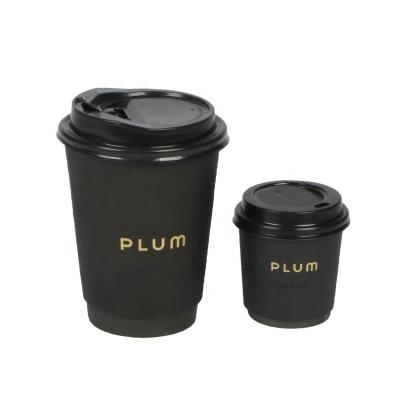 China 4oz 8oz 12oz Recycled Disposable Wall Gold Foil Double Stamping Custom Logo All Black Hot Paper Coffee Cup With PS Lid for sale