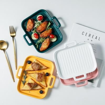 China Statistical Viable Nordic Creative Kitchen Food Grade Baking Tray Household Ceramic Square Grill Bake Pan Steak Plate (CP007) for sale