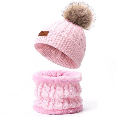 China COMMON Wholesale Child Winter Knitted Wool Hat Set Keep Warm Plus Velvet Hats Collar With Pom Pom Ball (HT003C) for sale