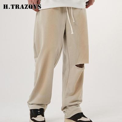 China OEM French Terry Blank Loose Casual Solid anti-pilling color ripped sweatpants for men for sale