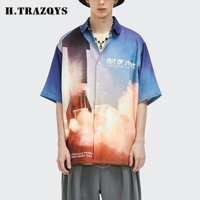 China Zhongqian Shirt Spring Fashion Design Custom Anti-pilling Short Sleeves Shirt All Over Printed Casual Button-Front Dress Shirt for sale