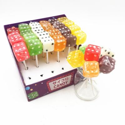 China Natural Colored Halal Soft Dice Shaped Hard Candy Lollipop for sale