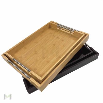 China American Style Modern Stylish Bamboo Serving Tray With Silver Metal Handles Wooden Serving Trays for sale