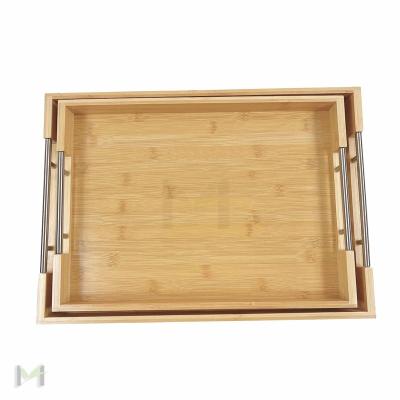 China American Style Serving Decorative Natural Bamboo Wooden Tray with Metal Handle Set of Two Wooden Trays for sale