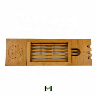 China Sustainable Premium Bamboo Bathtub Tray Caddy Wood Bath Tray Expandable With Book And Wine Holder Gift Idea For Loved Ones for sale