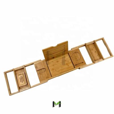 China Viable Bamboo Bathtub Tray With Wine Glass, Books, Tablets, Cell Phones, Shampoo Towel Holder for sale