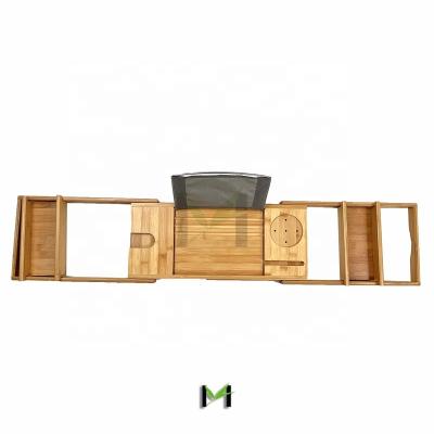 China Sustainable Expandable Bath Table Over Tub Luxury Bamboo Cart Tray With Book And Phone Glass Wine Rack And Freestanding Soap Dish Tub for sale