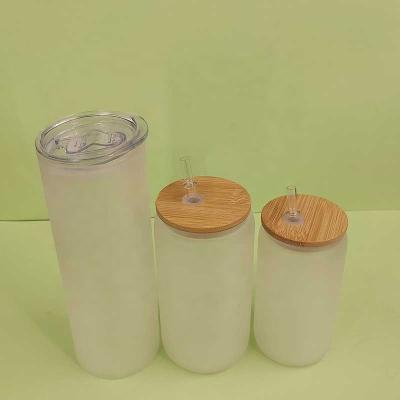 China 16oz sublimation beer can factory wholesale 16oz 12oz sublimation beer can frosted glass glass frosted shaped soda with bamboo lid and clear plastic straw for sale